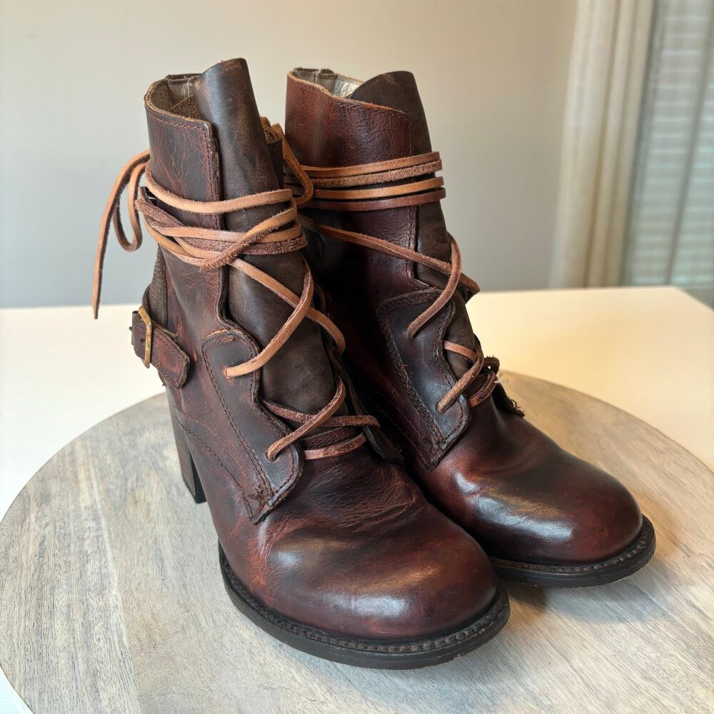 Freebird Billy Brown Leather Lace Up Ankle Boots Women's Sz 9 Block Heel Boho - Picture 4 of 10